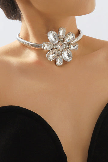 Crystal Flower Choker Necklace (Silver)