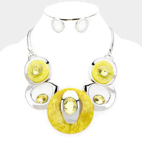 ACETATE AND CRYSTAL CIRCULAR BIB NECKLACE SET (Yellow)