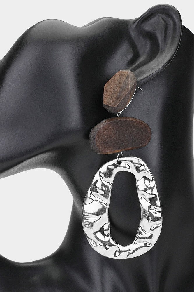 Oversized Abstract Wood and  Hammered Metal Earrings (Silver)