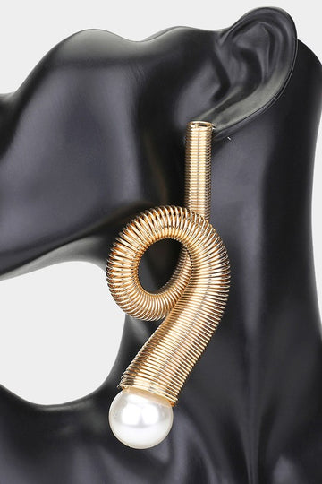 Oversized Pearl Tip Metal Wired Abstract Earrings (Gold)
