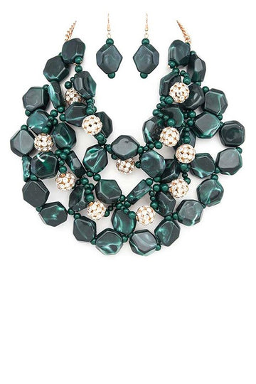 "Tia" Stone Ball Marbled Bead Cluster Statement Necklace (Green)